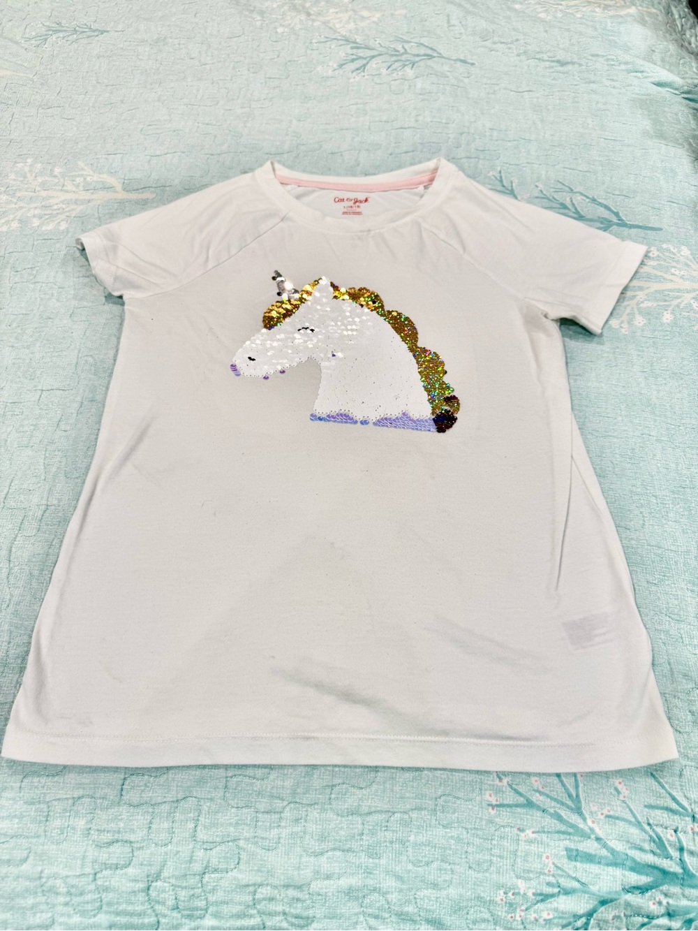 Cat & Jack White Tee with Gold & Multicolor Sequin Unicorn L